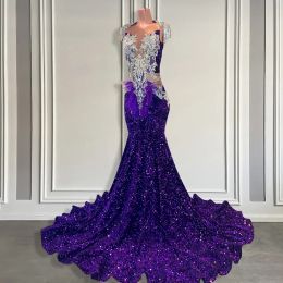 2024 Sparkly Sequined Purple Prom Dresses Black Girls Luxury Beaded Tassel Long Evening Gowns Sheer Neck Party Occasion Graduation Gowns BC18420