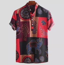 Men's Casual Shirts 2024 Summer Ethnic Style European American Printed Stand-up Collar Pullovers Tops
