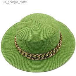 Wide Brim Hats Bucket Hats Lime green flat top Str hat gold chain womens summer outdoor sun protection beach hat womens Sombreros de Playa Y240319