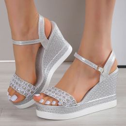 Sandals Shiny Rhinestone Wedges Sandals Women Summer 2023 Ankle Buckl Thick Platform Sandals Woman Gold Silver Very High Heeled Sandals
