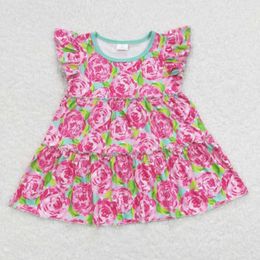 Clothing Sets RTS Baby Girls Wholesale Flutter Sleeve Water Flowers Ruffle Tunic Dark Pink Color Milk Silk Shirts Tops Spring Kid Dress