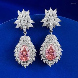 Dangle Earrings Flower Real 925 Sterling Silver Earring Pink Diamond Jewellery Party Wedding Drop For Women Bridal Bijou