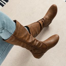 Boots Women Slouch Flat Riding Boots Retro Side Zipper Western Motorcycle Boots Versatile Long Boots