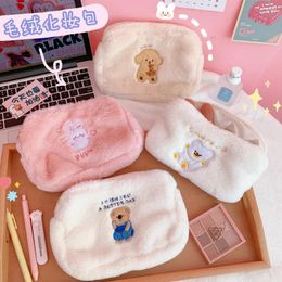 Cosmetic Bags Cartoon Bear Embroidery Plush Bag Girl Pearl Student Soft Pencil Makeup Storage Organiser Pouch Cute Clutch Handbag