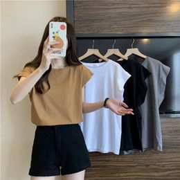 Women's T Shirts Fashion Korean Design Flying Sleeve T-shirt For Women Girl Short Sleeves Loose Pure Cotton Sleeveless Tops