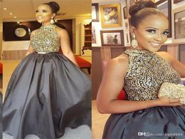 New Grey Long Prom Dresses High Neck Sequined Beaded A Line Taffeta African Black Girl Evening Party Formal Dress Groom Mother038619235