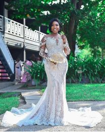 Lace Beaded Luxurious African Mermaid Sheer Neck Bridal Dresses Long Sleeves Vintage Sexy Wedding Gowns