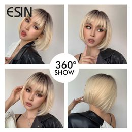 Synthetic Wigs Hair Accessories ESIN Synthetic Medium Long Straight Hair with The Top Black Ombre to White Blonde Bob Wigs for Women Heat Resistant Natural 240327