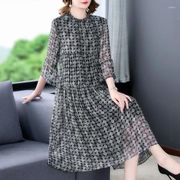 Casual Dresses Spring And Summer 2024 Short-Sleeved Silk Chiffon Dress Upscale Women's Loose Large Size Medium Length Printed Skirt