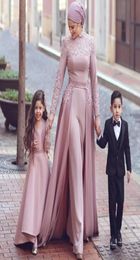 Dusty Pink Muslim Evening Dresses with Detachable Train High Neck Beaded Formal Jumpsuits Dubai Saudi Arabic Prom Gowns6131723