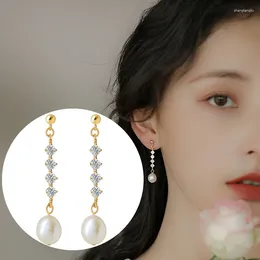 Dangle Earrings VOQ Silver Colour Pearl Pendant Long Chain Cubic Zirconia Fashion Korean Jewellery Women