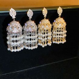 Women Exaggerated Golden Birdcage Pearl Earrings Fashion Retro Lantern Zircon Tassel Wind Chimes Bell