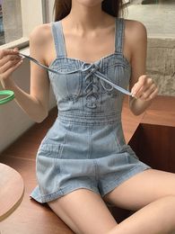 Vintage Jeans Sundres Back Zipper Sexy LaceUp High Waist Denim Jumpsuit Shorts Summer Strap Romper Loose Casual Overalls 240228