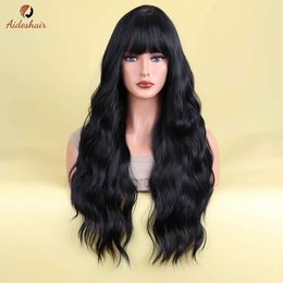 Synthetic Wigs Cosplay Wigs Black wig with bangs Long Wavy wig Womens black wig with bangs synthetic heat resistant fiber wig for daily use 26 inches 240329