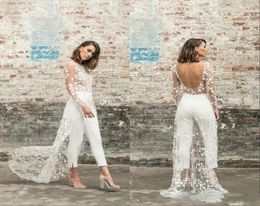 Designer Jumpsuit Beach Wedding Dresses Jewel Neck Long Sleeve Backless Ankle Length Bridal Outfit Lace Summer Wedding Gowns8985471