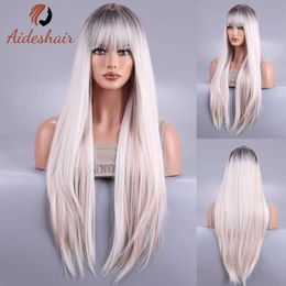 Synthetic Wigs Long Straight Synthetic Wigs With Bang Light Platinum Blonde Natural Faker Hair For Women Daily Cosplay Heat Resistant 240328 240327