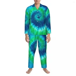 Men's Sleepwear Pajamas Men Tie Dye Print Home Nightwear Blue And Green 2 Pieces Retro Pajama Sets Long-Sleeve Soft Oversized Suit