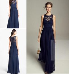 2015 Navy Blue Chiffon Long Bridesmaid Dresses Sheer Lace Jewel Neckline Floor Length Empire Waist Zipper Wedding Honour Bridal Mai6275120