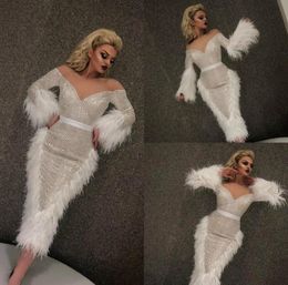 2019 White Feather Cocktail Dresses Off The Shoulder Tea Length Prom Illusion Evening Gowns Party Wear Custom Made Plus Size Forma9508609