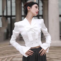 Women's Blouses Satin White Bow Blouse Women Drawstring Slit Long Sleeve Luxury Designer Fashion Crop Top Notched Neck Double Breasted