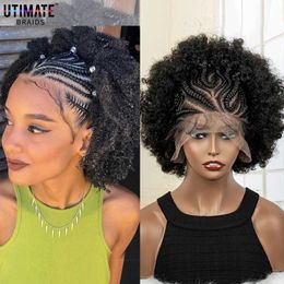 Synthetic Wigs New Synthetic 13x6 Lace Frontal Braided Wig Kinky Curly Hair Wigs Curly Bob Wig with Buns for Afro Balck Women with Baby Hair 240328 240327