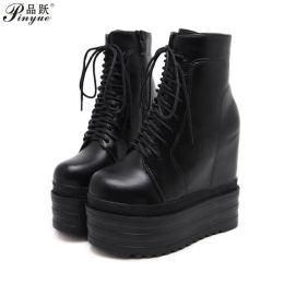 Boots Wedges Ankle Boots White Black Rubber Sole Shoes Platform Boots Women Lacing Autumn Platform Heels Shoes Heel 14 cm