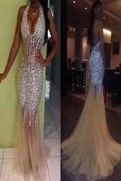 Stunning Bling Bling Crystals Mermaid Prom Dresses Long African Girls Sexy Backless Evening Gowns Halter V Neck Beaded Sweep Train5211947
