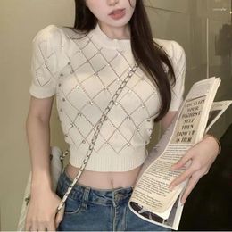 Women's T Shirts For Women Short Sleeve Knitted Sweater Sexy Crop Tops Aesthetic Clothes Korean Graphic T-shirts Diamond Tees Summer Plaid