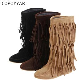 Boots COVOYYAR Hot 3 Layers Fringe Boots 2023 Low Heel Tassel Moccasin Flat MidCalf Women Boots Plus Size 35~43 Drop Ship WBS16