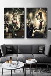 Abstract Monkey Drinking Wine and Dog Playing Piano Posters and Prints Canvas Paintings Wall Art Pictures for Living Room Home Dec9701337