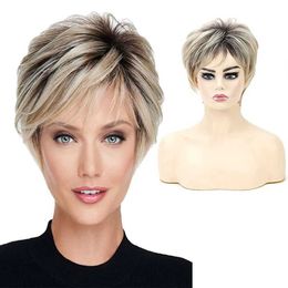 Synthetic Wigs Cosplay Wigs WHIMSICAL W Short Straight Ombre Blonde Wig with Bang for Women Synthetic Natural Hair Wig Dark Roots Heat Resistant Wigs 240328 240327