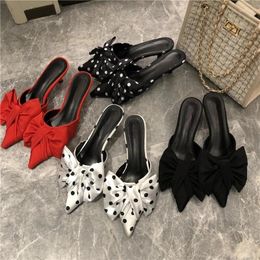 Slippers 2024 Autumn Pointed Toe Polka Dot Bowknot Shallow Mouth High Heels Stiletto Heel Women's Half