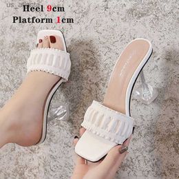 Dress Shoes Dress Shoes Slippers Voesnees Sandals Summer Woman Pumps PVC Transparent Feather Perspex Crystal High Heels Fur Peep Toe Mules Ladies T9JN H240321