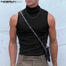 Men's Tank Tops American Style New Mens Knitted Splicing Tank Tops Casual Streetwear Hot Sale Solid Half High Neck Vests S-3XL Tops 2023 L240319
