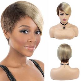 Synthetic Wigs BCHR Short Pixie Cut Wigs Straight Synthetic Hair High Temperature Fiber Ombre Brown Blonde Wig for Women 240329