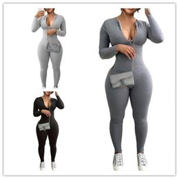 2024 Designer Spring Jumpsuits Women Long Sleeve Bodycon Rompers XS Casual Skinny Solid Overalls Zipper Leggings Bulk Wholesale Clothes 10783