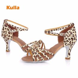 shoes Women Leopard Latin Dance Shoes Woman Satin PU Salsa Dance Shoes Girl Tango Ballroom Dancing Shoes For Female High Heels 5cm/7cm