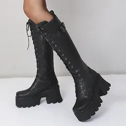 Boots Chunky Knee High Women Platform Goth Punk Heels PU Leather Black Retro Long Winter Shoes Female Lace Up Rain Boot