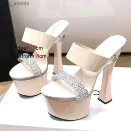 Dress Shoes Dress Shoes Slippers Waterproof Platform Rhinestone 2023 Summer New Transparent Band Thick Heel Sandals High Heels Fashion Model Shoes 9Z73 H240321