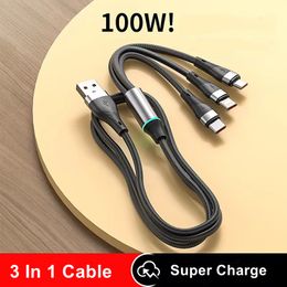 100W 3 in 1 Super Charging Type C Cable 6A Micro USB Fast Charger Cable USB C Charge Data Cord For Samsung Xiaomi Huawei LG
