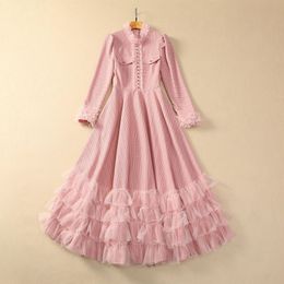 European and American women's dress 2023 winter new Stand collar Long sleeve gauze cake fashion Pleated dress XXXL