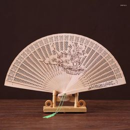 Decorative Figurines Hand-made Antique Craft Fan Vintage Hollow Incense Wood Lady Folding Fans Chinese Style Carving Printing Decoration