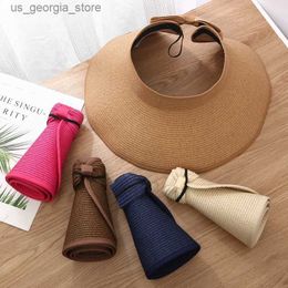 Wide Brim Hats Bucket Hats Summer Str Womens Foldable Big Cone Bow Visors Hat Travel Sun Hat Chapeau Womens Beach UV Protection Hat Y240319