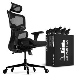 WELLNEW Prestige Ergonomic Office - Height Adjustable Backrest Lumbar Support, Seat Depth Adjust, 3D Headrest, 4D Armrests, Blade Wheels, Mesh Computer Gaming