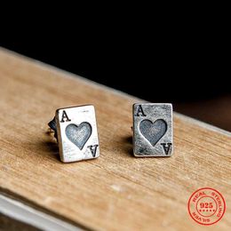 Stud ENDN Retro Real 925 Sterling Silver Gothic Punk Playing Cards Stud Earrings For Men Women Street Hip Hop Ear JewelryC24319