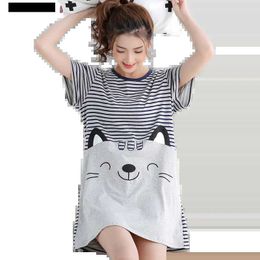 Women's Sleepwear Summer Knitted Cotton Women Nightgown Short Sleeve Cartoon Sweet Soft Female Nightdress Loose M-5XL Girls NightwearC24319