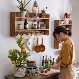 Kitchen Storage Natural Old Wood Cabinet Living Room Retro Cup Holder Multi-functional Display Stable Wall Hanging Shelf