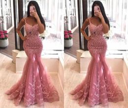Plus Size Blush Pink Beaded Mermaid Prom Dresses V Neck Lace Appliqued Evening Gowns Sweep Train Formal Dress ogstuff vestidos de 7669703