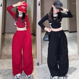 Stage Wear 2024 Kids Clothing Long Sleeved Crop Tops Cargo Pants Suit Modern Jazz Dance Performance Clothes Hip Hop Streetwear DN17435