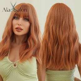 Wigs ALAN EATON Orange Synthetic Wigs for Women Long Natural Wave Wigs with Bangs Cosplay Lolita Party Ginger Hair Heat Resistant